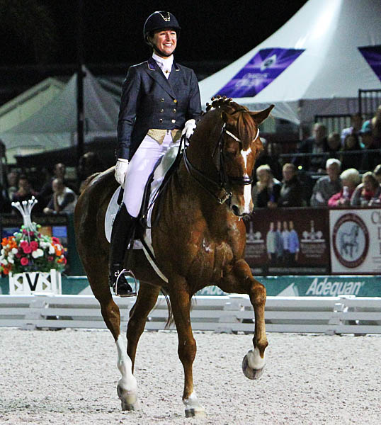 Catherine Haddad-Staller riding Mane Stream Hotmail in the Adequan Global Dressage Festival World Cup Freestyle that is likely to earn the pair an invitation to the Final a month from now. © 2014 Ken Braddick/dressage-news.com
