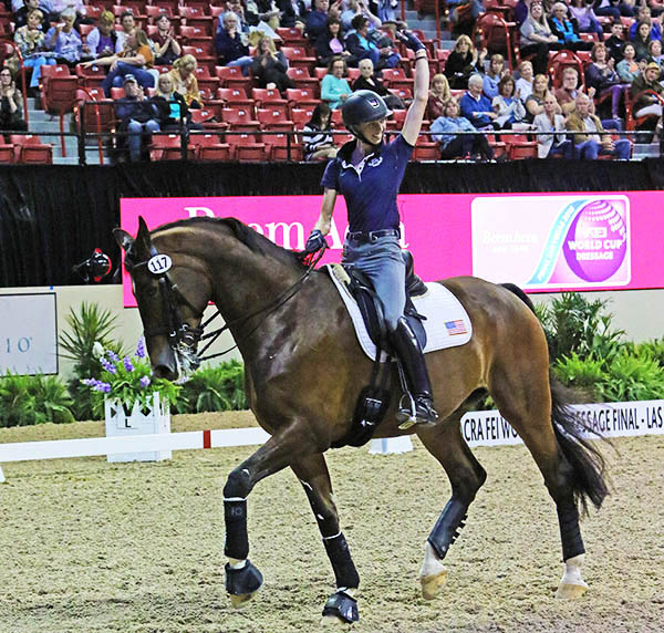 Laura Graves on Verdades leaving a familiarization in the Thomas & Mack Center's competition arena to the applause of the crowd a day before the World Cup Grand Prix. © 2015 Ken Braddick/dressage-news.com