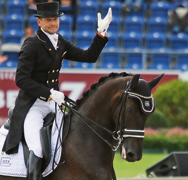 The expression on Edward Gal's face says it all after the Dutch rider and Glock's Undercover were eliminated from the European Championship Grand Prix Special because of blood in the mouth of the horse. © 2015 Ken Braddick/dressage-news.com