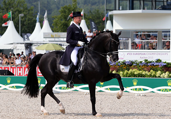 Totilas ridden by Matthias Alexander Rath on the final centerline of the Nations Cup Grand Prix at the European Championships. The horse will undergo a veterinary examination to determine whether the black stallion will move on to the Grand Prix Special Saturday. © 2015 Ken Braddick/dressage-news.com