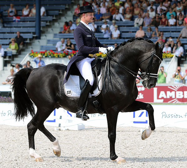 Totilas being ridden by Matthias Alexander Rath on the final centerline of their European Championship Grand Prix. © 2015 Ken Braddick/dressage-news.com