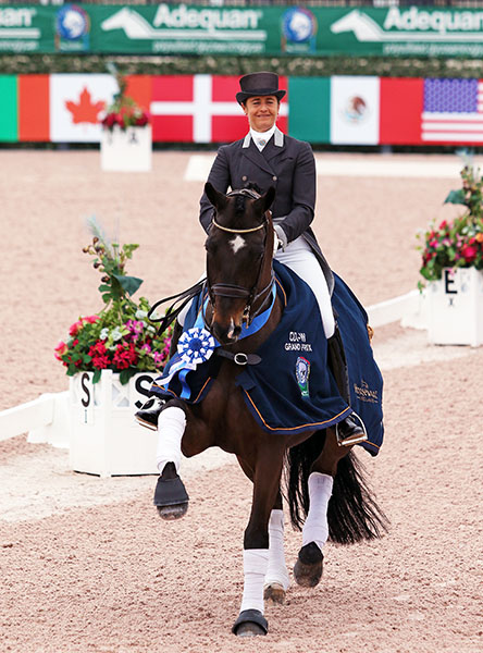 Don Auriello displaying his extravagant extended trot with Tinne Vilhelmson-Silfvén of Sweden aboard after winning the inaugural 2016 World Cup Grand Prix in Wellington, Florida. © 2016 Ken Braddick/dressage-news.com