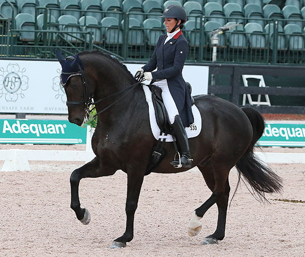 Kasey Perry-Glass on Dublet on their final centerline passage scoring nine out of 10 from 5* German judge in the Adequan Global Dressage Festival World Cup Grand Prix. 2016 Ken Braddck/dressage-news.com