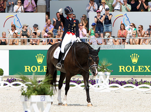 Back on top! Charlotte Dujardin and Valegro winning the CDIO5* Grand Prix Freestyle at Aachen, Germany three days after a rare placing of sixth in the Grand Prix. © 2014 Ken Braddick/dressage-news.com 